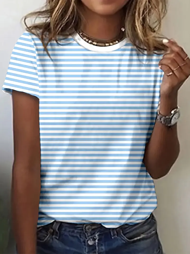 Women Striped Short Sleeve Tee T-shirt Crew Neck Printing Casual Summer Graphic Tee Top