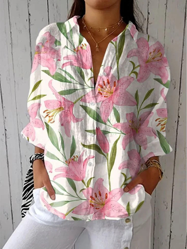Women Floral Three Quarter Sleeve Shirt Spring/Fall Printing Shirt Collar Daily Casual Top