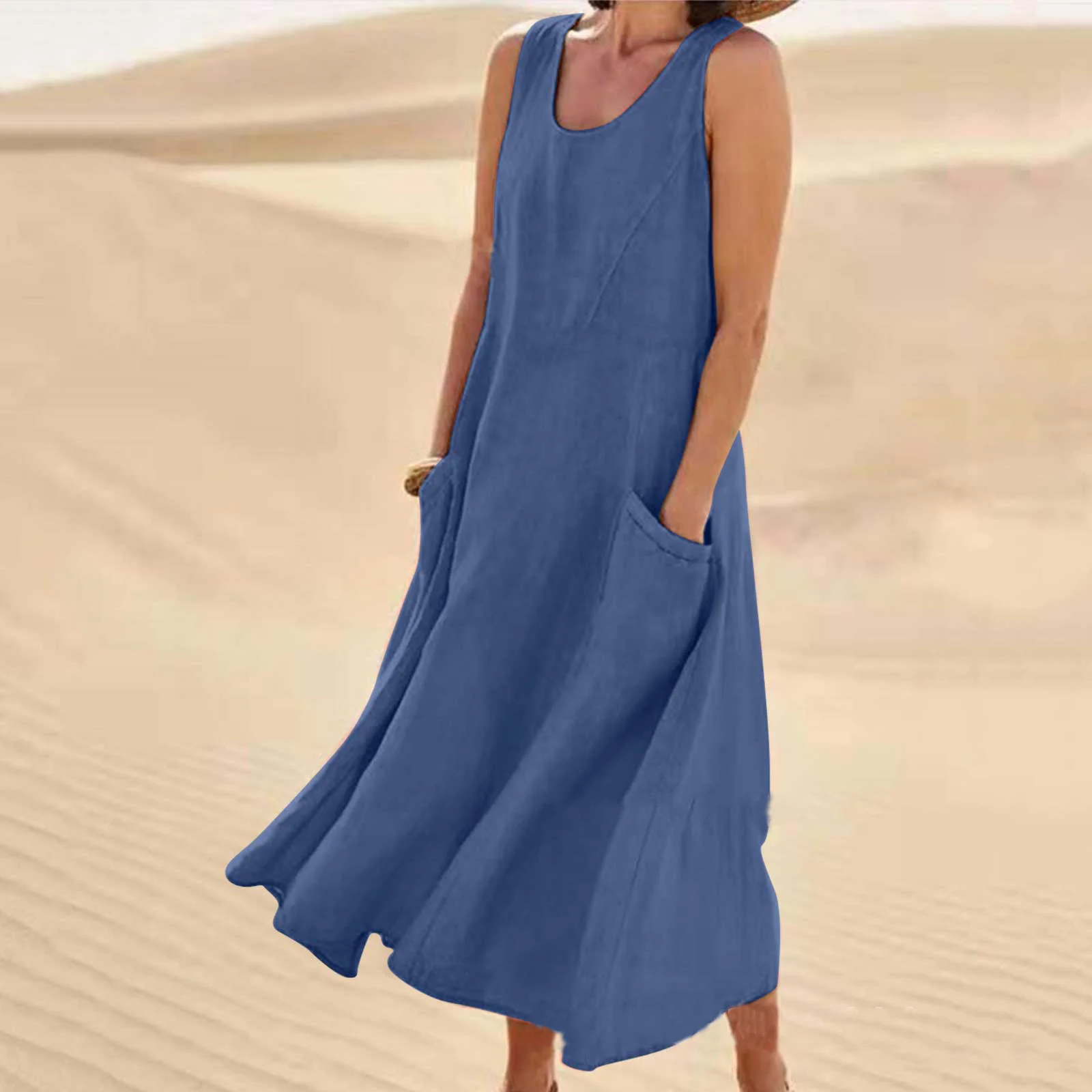 Women Plain Sleeveless Summer Split Joint Dress Crew Neck Daily Casual Maxi Fit & Flare Dress A-Line Dress