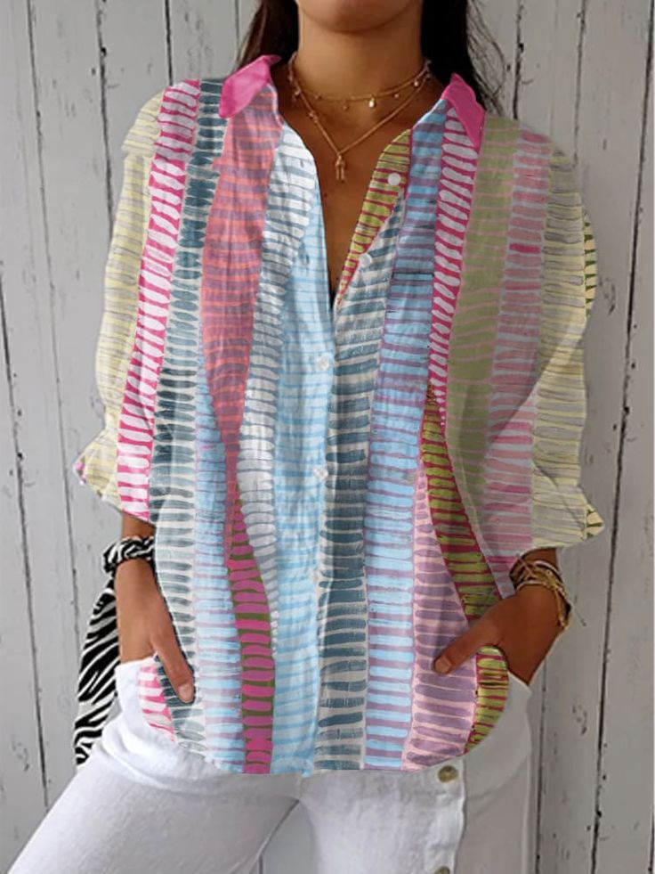 Women Striped Three Quarter Sleeve Shirt Spring/Fall Printing Shirt Collar Daily Casual Top