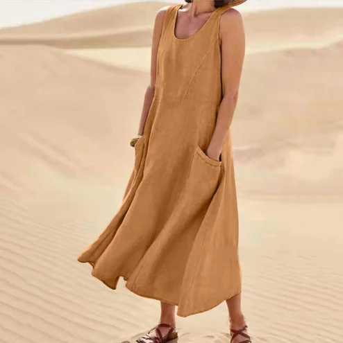Women Plain Sleeveless Summer Split Joint Dress Crew Neck Daily Casual Maxi Fit & Flare Dress A-Line Dress