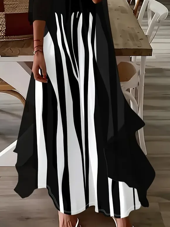 Women Abstract Stripes Printing Two-Piece Set Daily Three Quarter Sleeve Casual Spring/Fall Dress With Coat Matching Set