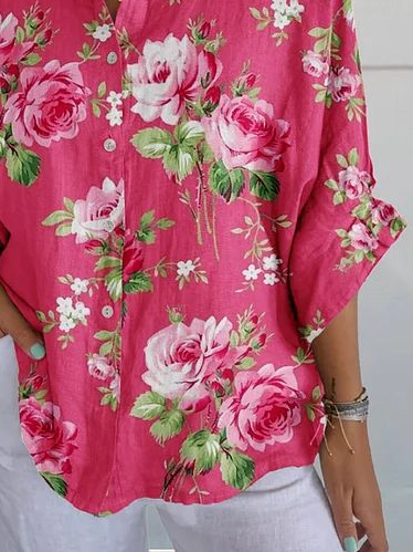 Women Floral Three Quarter Sleeve Shirt Spring/Fall Printing Shirt Collar Daily Casual Top