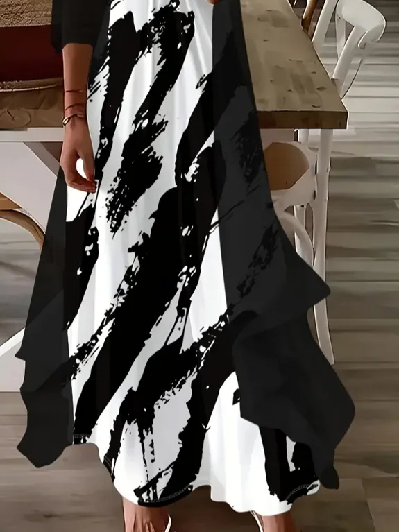 Women Abstract Printing Two-Piece Set Daily Three Quarter Sleeve Casual Spring/Fall Dress With Coat Matching Set