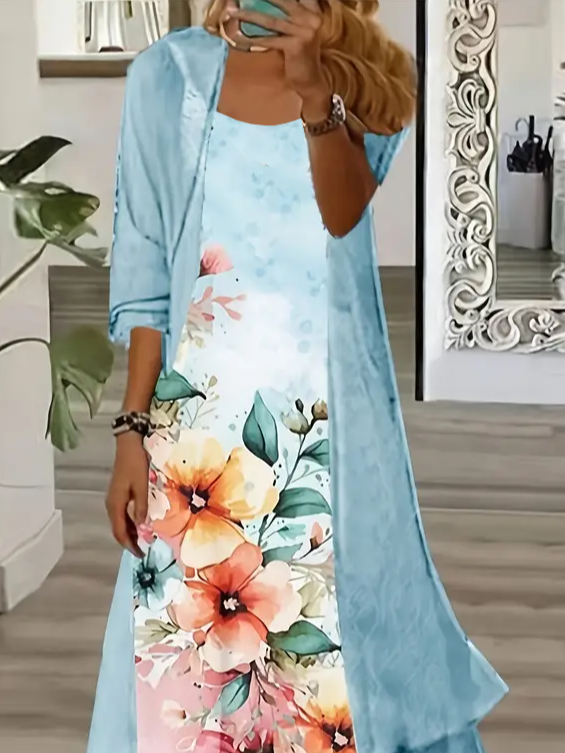 Women Floral Printing Two-Piece Set Daily Three Quarter Sleeve Casual Spring/Fall Dress With Coat Matching Set