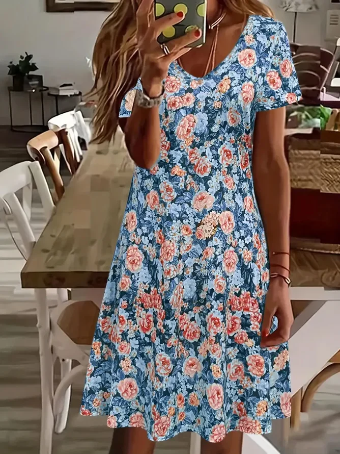 Women Floral Short Sleeve Summer Printing Dress V Neck Daily Casual Midi Fit & Flare Dress A-Line Dress