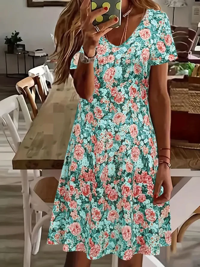 Women Floral Short Sleeve Summer Printing Dress V Neck Daily Casual Midi Fit & Flare Dress A-Line Dress