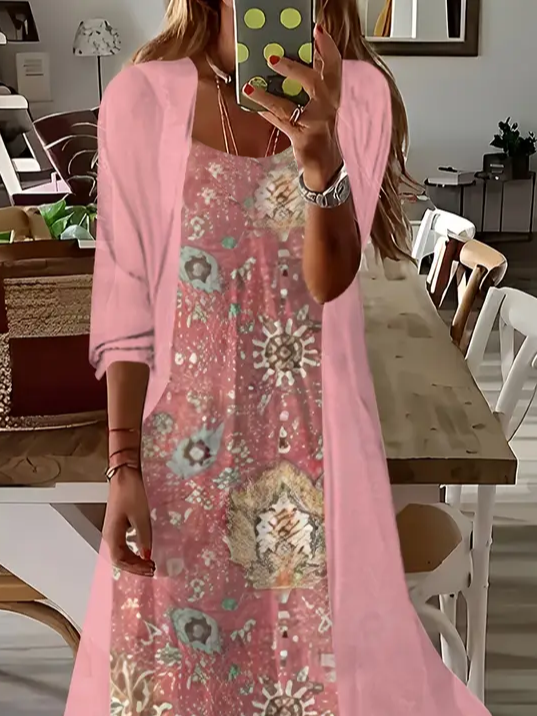 Women Floral Printing Two-Piece Set Daily Three Quarter Sleeve Casual Spring/Fall Dress With Coat Matching Set