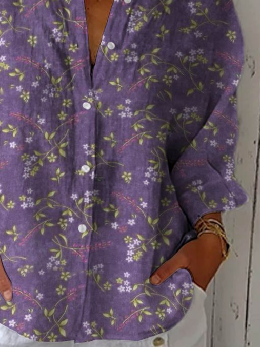 Women Floral Three Quarter Sleeve Shirt Spring/Fall Printing Shirt Collar Daily Casual Top