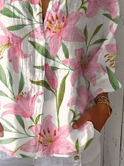 Women Floral Three Quarter Sleeve Shirt Spring/Fall Printing Shirt Collar Daily Casual Top