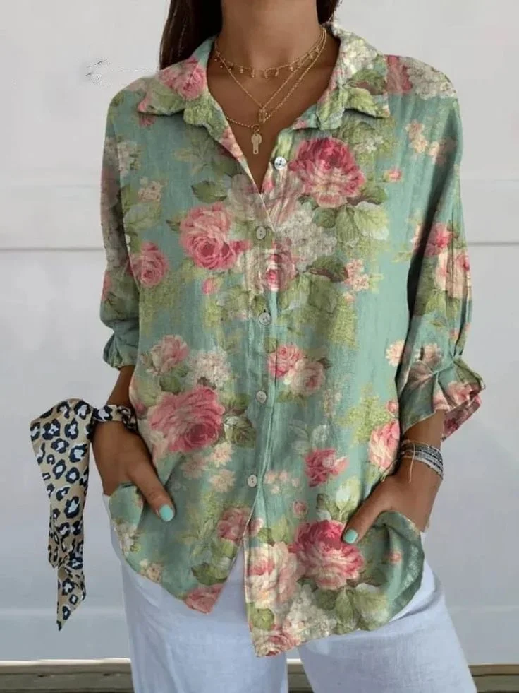 Women Floral Three Quarter Sleeve Shirt Spring/Fall Printing Shirt Collar Daily Casual Top