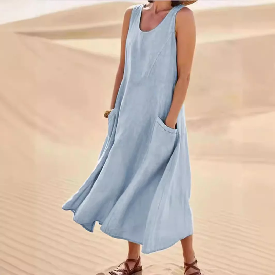 Women Plain Sleeveless Summer Split Joint Dress Crew Neck Daily Casual Maxi Fit & Flare Dress A-Line Dress