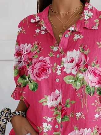 Women Floral Three Quarter Sleeve Shirt Spring/Fall Printing Shirt Collar Daily Casual Top