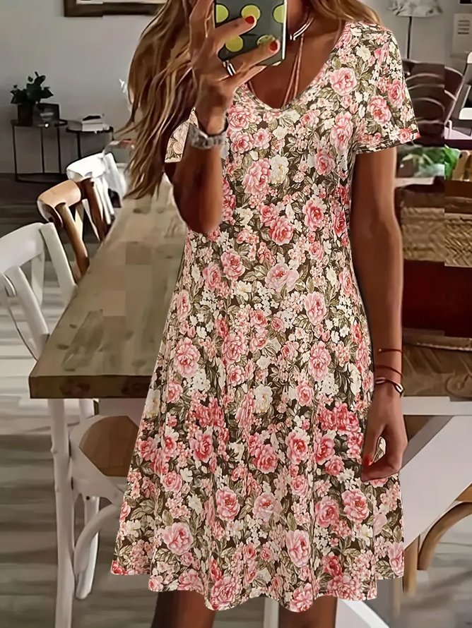 Women Floral Short Sleeve Summer Printing Dress V Neck Daily Casual Midi Fit & Flare Dress A-Line Dress
