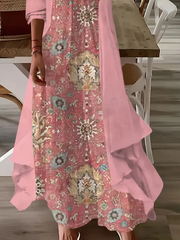Women Floral Printing Two-Piece Set Daily Three Quarter Sleeve Casual Spring/Fall Dress With Coat Matching Set