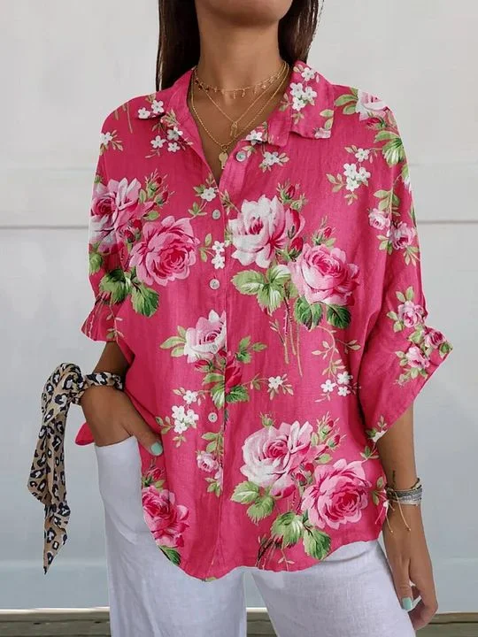 Women Floral Three Quarter Sleeve Shirt Spring/Fall Printing Shirt Collar Daily Casual Top