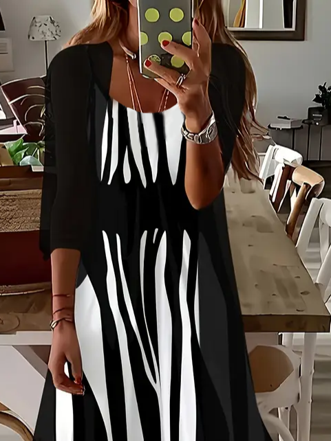 Women Abstract Stripes Printing Two-Piece Set Daily Three Quarter Sleeve Casual Spring/Fall Dress With Coat Matching Set