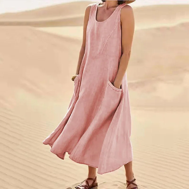 Women Plain Sleeveless Summer Split Joint Dress Crew Neck Daily Casual Maxi Fit & Flare Dress A-Line Dress