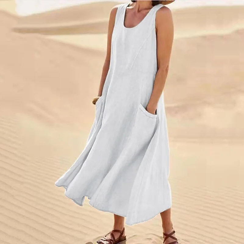 Women Plain Sleeveless Summer Split Joint Dress Crew Neck Daily Casual Maxi Fit & Flare Dress A-Line Dress