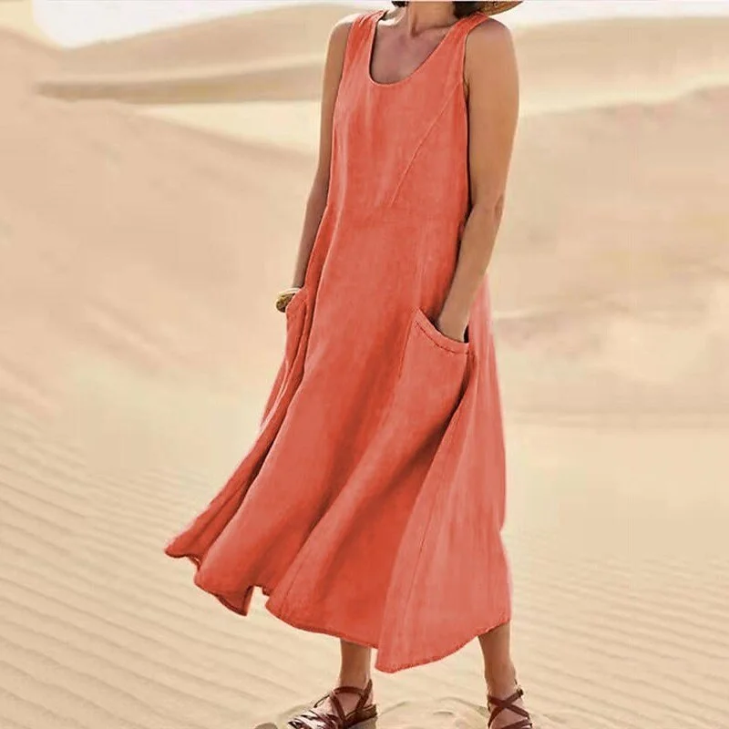 Women Plain Sleeveless Summer Split Joint Dress Crew Neck Daily Casual Maxi Fit & Flare Dress A-Line Dress