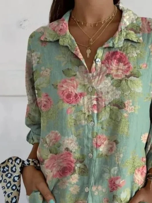 Women Floral Three Quarter Sleeve Shirt Spring/Fall Printing Shirt Collar Daily Casual Top