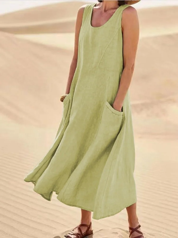 Women Plain Sleeveless Summer Split Joint Dress Crew Neck Daily Casual Maxi Fit & Flare Dress A-Line Dress