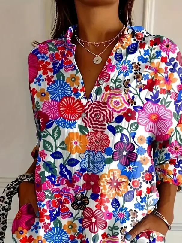 Women Floral Long Sleeve Shirt Spring/Fall Buckle Shirt Collar Daily Casual Top