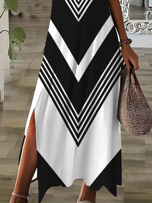 Women Geometric Short Sleeve Summer Printing Dress V Neck Daily Casual Maxi X-Line Dress