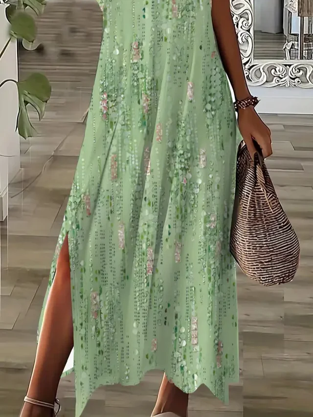 Women Abstract Short Sleeve Summer Printing Dress V Neck Daily Casual Maxi X-Line Dress