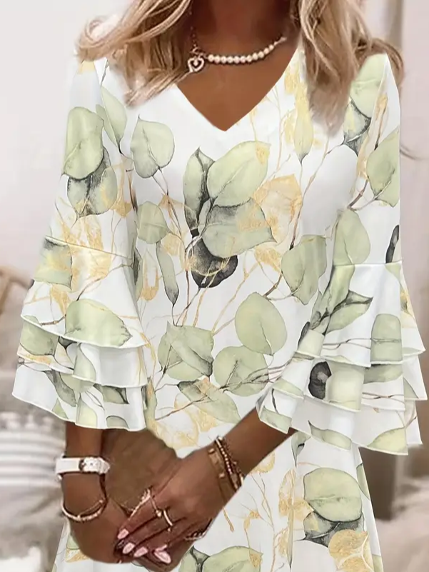 Women Floral Half Sleeve Summer Printing Dress V Neck Daily Casual Maxi H-Line Dress