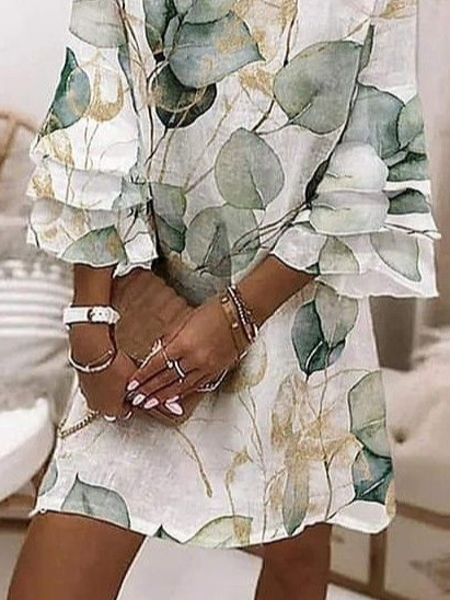 Women Floral Half Sleeve Summer Printing Dress V Neck Daily Casual Maxi H-Line Dress