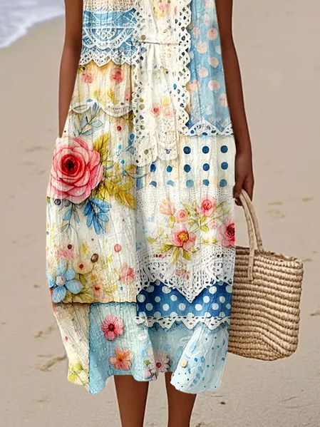 Women Floral Sleeveless Summer Printing Dress Crew Neck Daily Casual Maxi Tank H-Line Dress