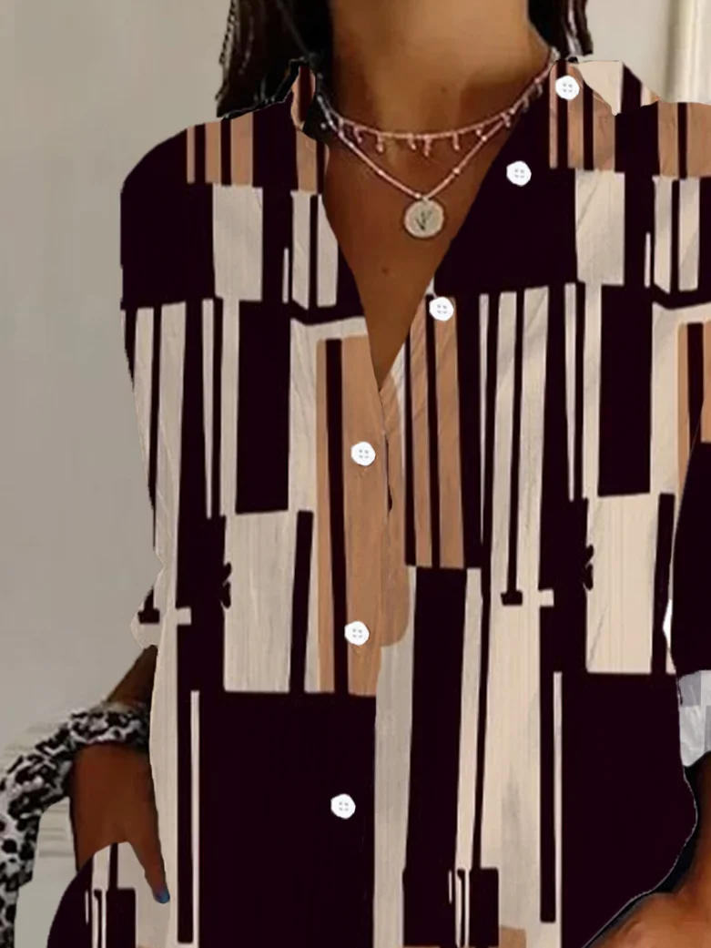 Women Geometric Long Sleeve Shirt Spring/Fall Buckle Shirt Collar Daily Casual Top