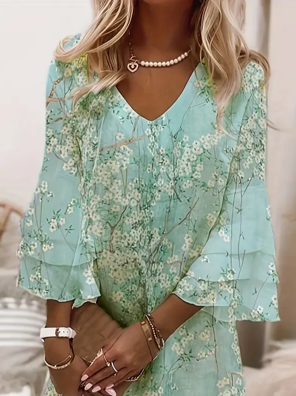 Women Floral Half Sleeve Summer Printing Dress V Neck Daily Casual Maxi H-Line Dress