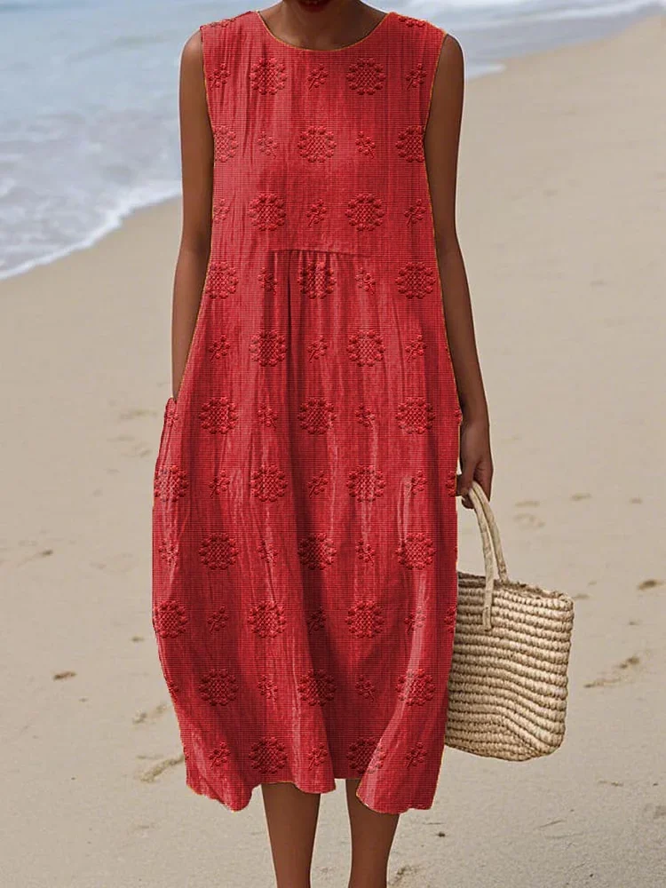 Women Floral Sleeveless Summer Printing Dress Crew Neck Daily Casual Maxi Tank H-Line Dress