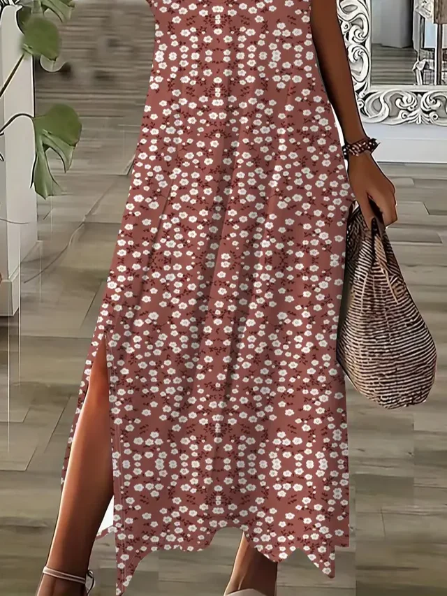 Women Floral Short Sleeve Summer Printing Dress V Neck Daily Casual Maxi X-Line Dress