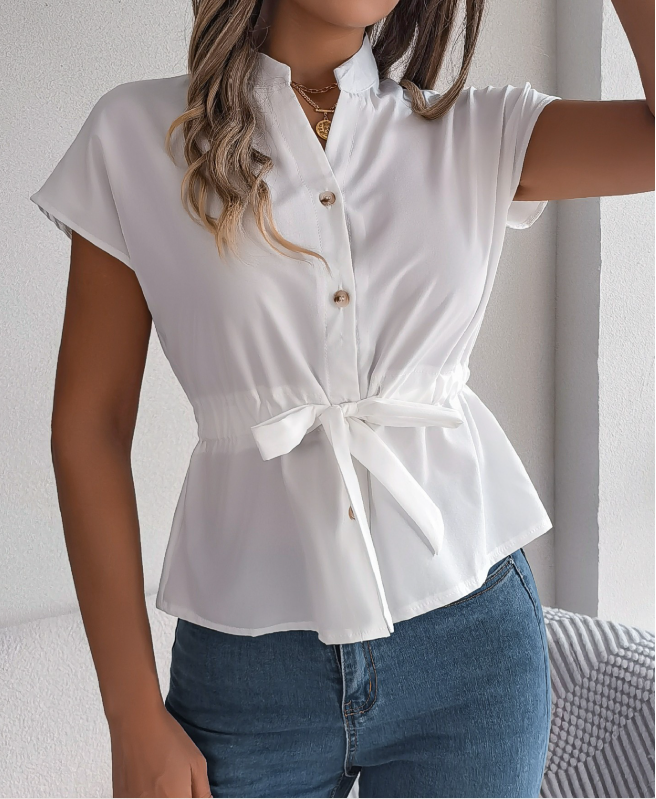 Women Plain Short Sleeve Shirt Summer Lace-up V Neck Daily Casual Top