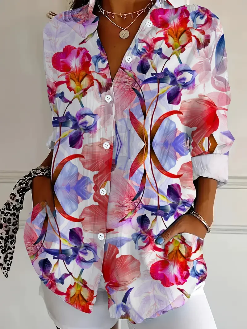 Women Floral Long Sleeve Shirt Spring/Fall Buckle Shirt Collar Daily Casual Top