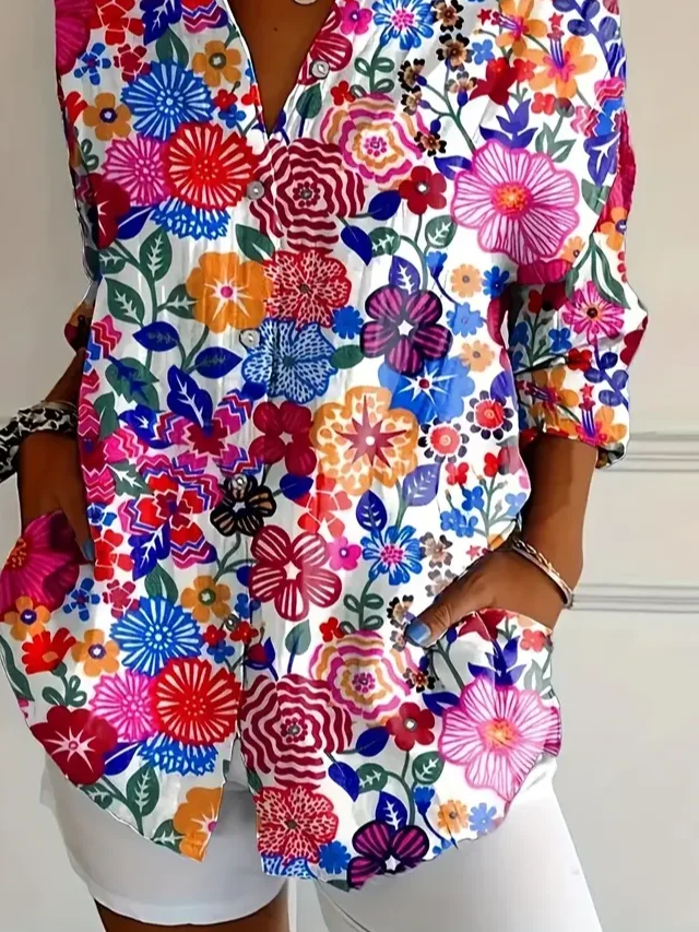 Women Floral Long Sleeve Shirt Spring/Fall Buckle Shirt Collar Daily Casual Top