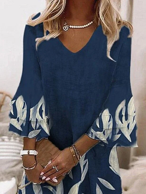 Women Abstract Half Sleeve Summer Printing Dress V Neck Daily Casual Maxi H-Line Dress