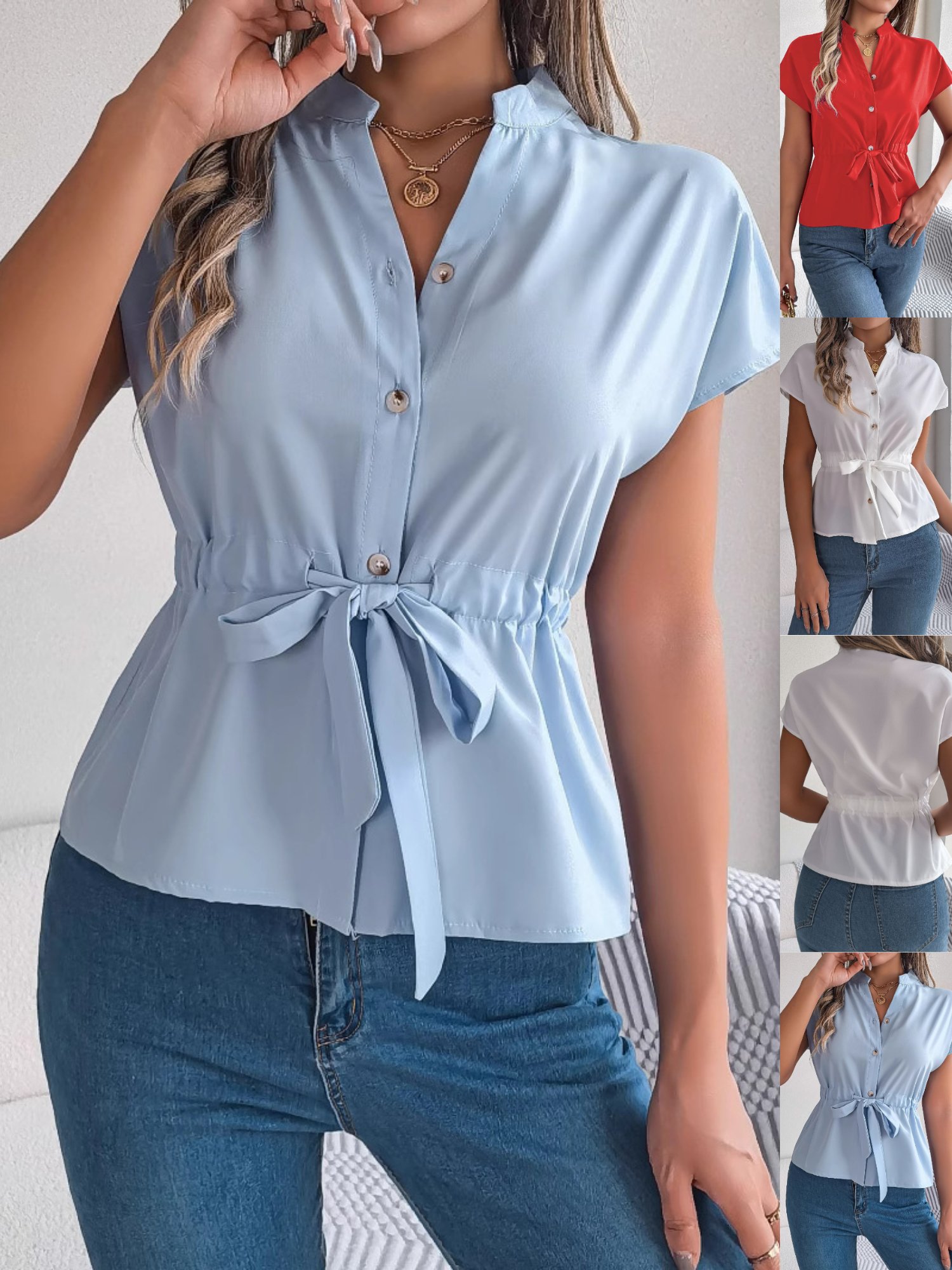 Women Plain Short Sleeve Shirt Summer Lace-up V Neck Daily Casual Top
