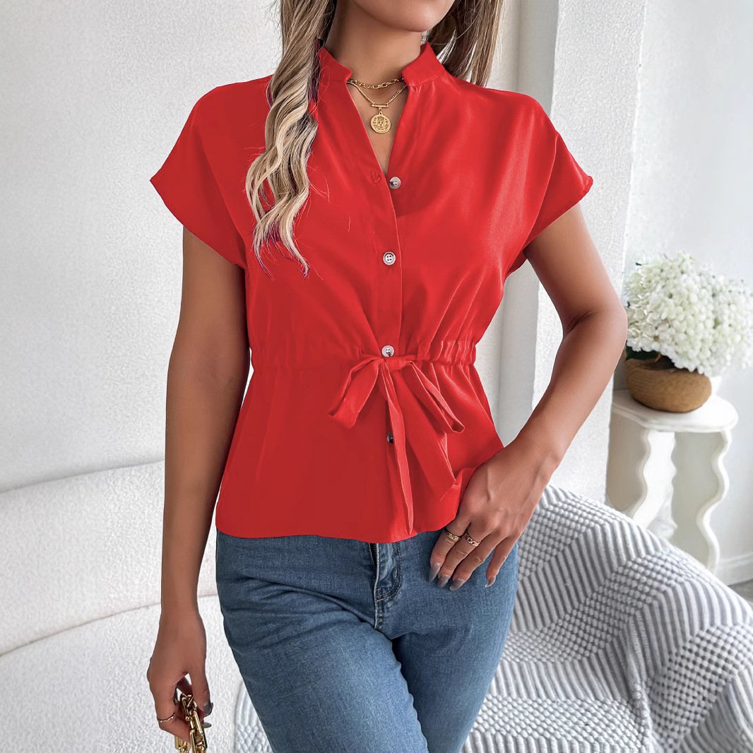 Women Plain Short Sleeve Shirt Summer Lace-up V Neck Daily Casual Top