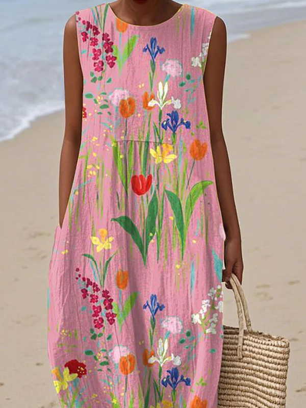 Women Floral Sleeveless Summer Printing Dress Crew Neck Daily Casual Maxi Tank H-Line Dress