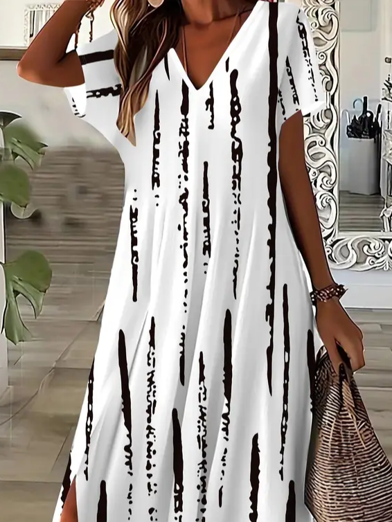 Women Striped Short Sleeve Summer Printing Dress V Neck Daily Casual Maxi X-Line Dress