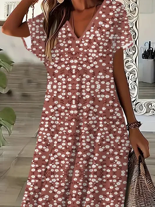 Women Floral Short Sleeve Summer Printing Dress V Neck Daily Casual Maxi X-Line Dress