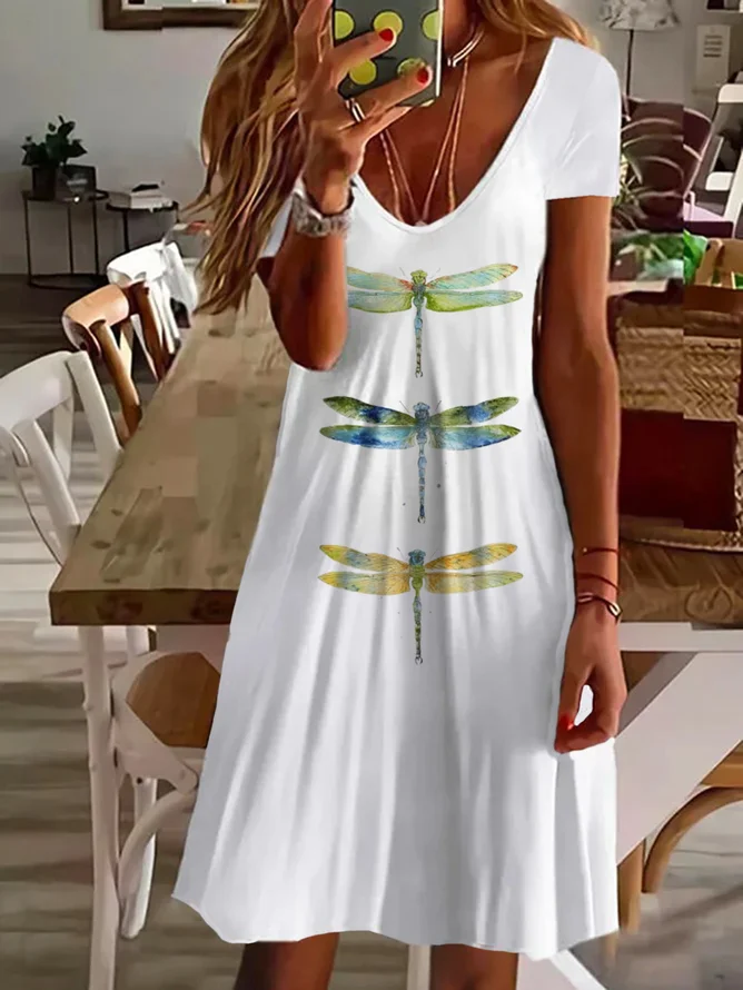 Women Dragonfly Short Sleeve Summer Printing Dress V Neck Daily Casual Midi Fit & Flare Dress A-Line Dress