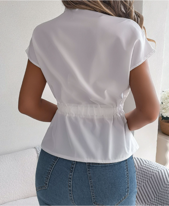 Women Plain Short Sleeve Shirt Summer Lace-up V Neck Daily Casual Top