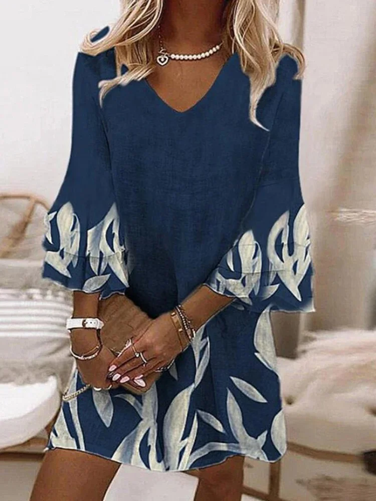 Women Abstract Half Sleeve Summer Printing Dress V Neck Daily Casual Maxi H-Line Dress