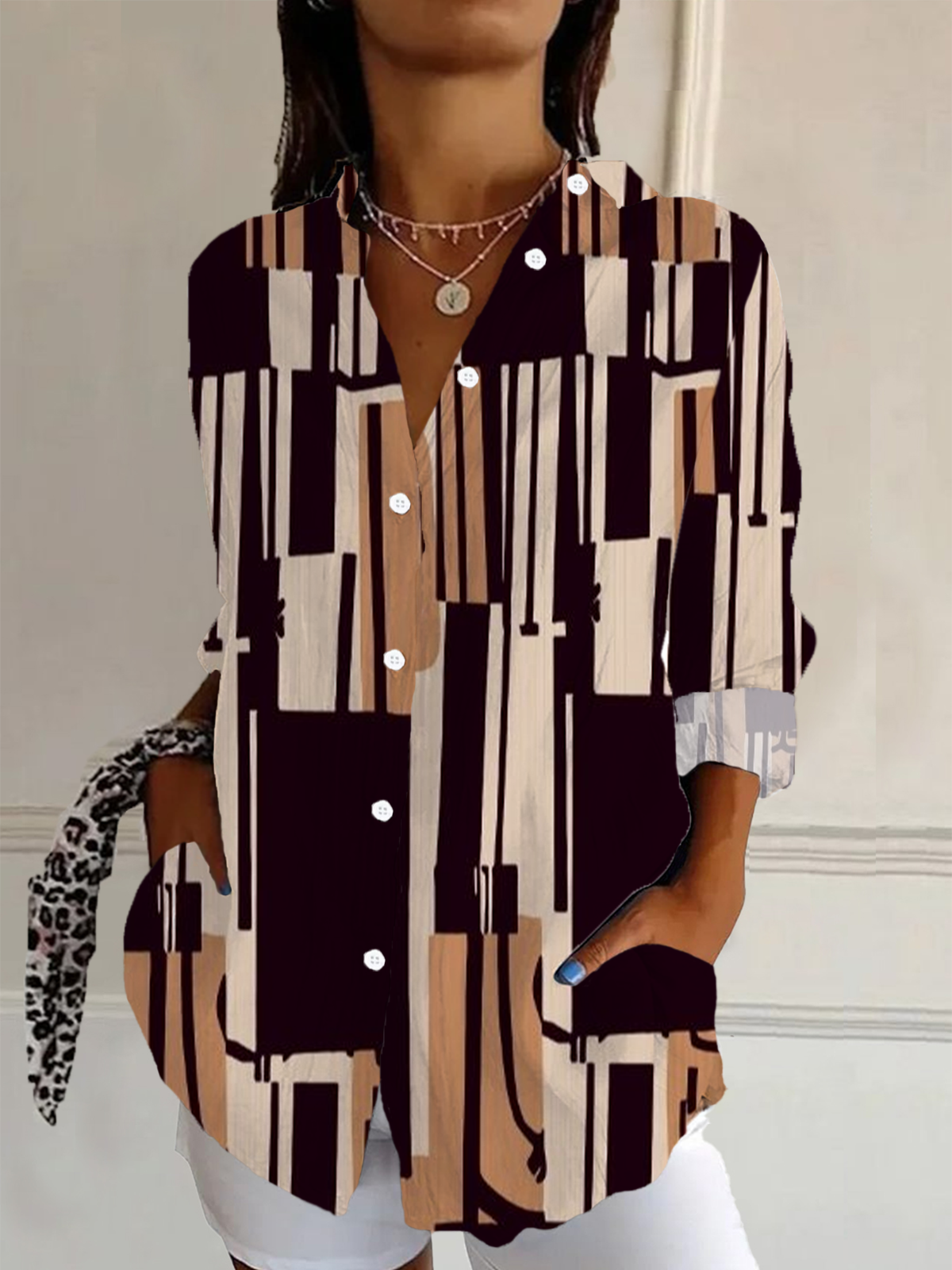 Women Geometric Long Sleeve Shirt Spring/Fall Buckle Shirt Collar Daily Casual Top