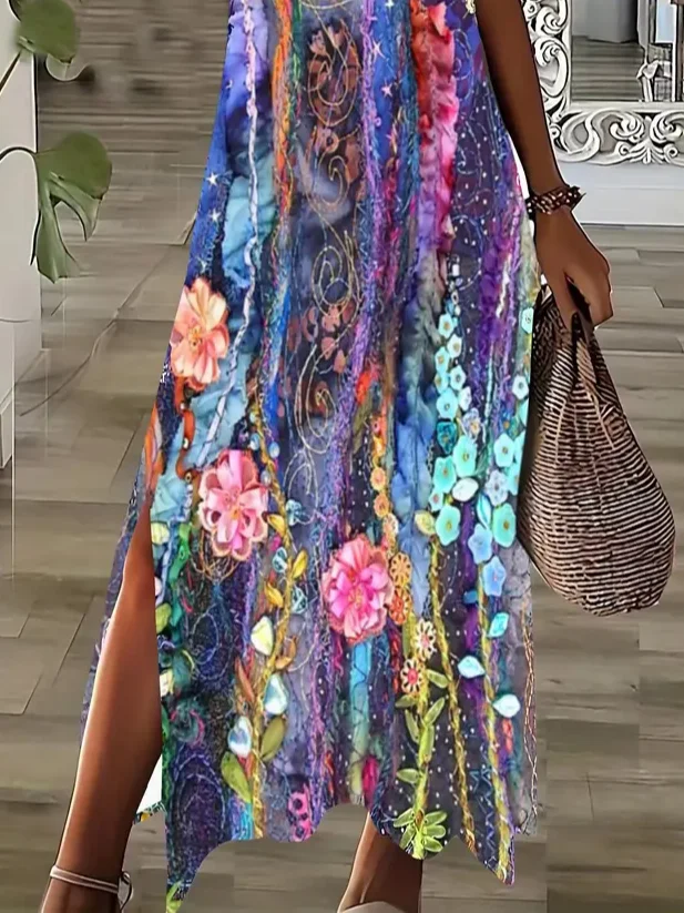 Women Floral Short Sleeve Summer Printing Dress V Neck Daily Casual Maxi X-Line Dress